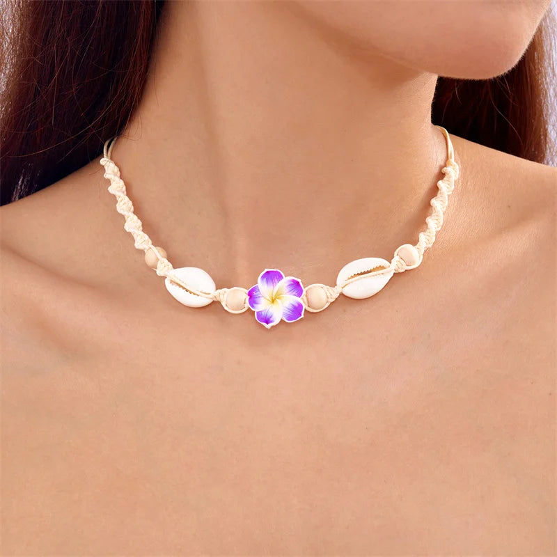 Bohemia Sea Shell Choker Necklace For Women Fashion Summer Sweet Flower Pendant Hand-woven Rope Neck Chain Jewelry Accessory