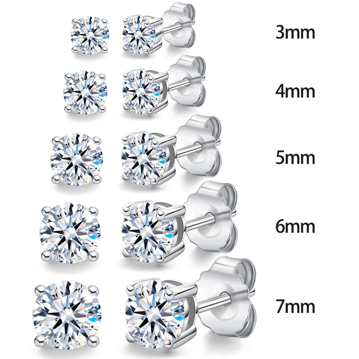 Real 925 Sterling Silver 3mm 4mm 5mm 6mm 7mm Ins CZ Zircon Stud Earrings for Women 18k Gold Plated Fine Jewelry Gift for Girls
