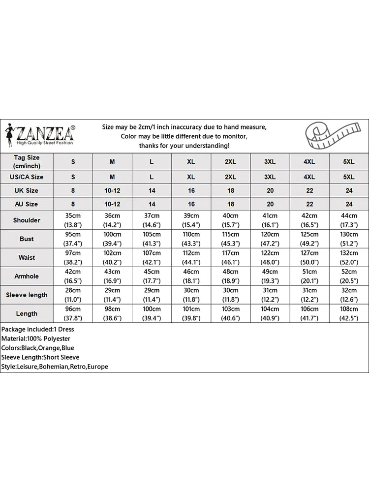 ZANZEA Womens Vintage Ethnic Printing Knee-Length Dresses Summer Casual O-Neck Puff Sleeve Ruffled Hem Robes Vacation Dress