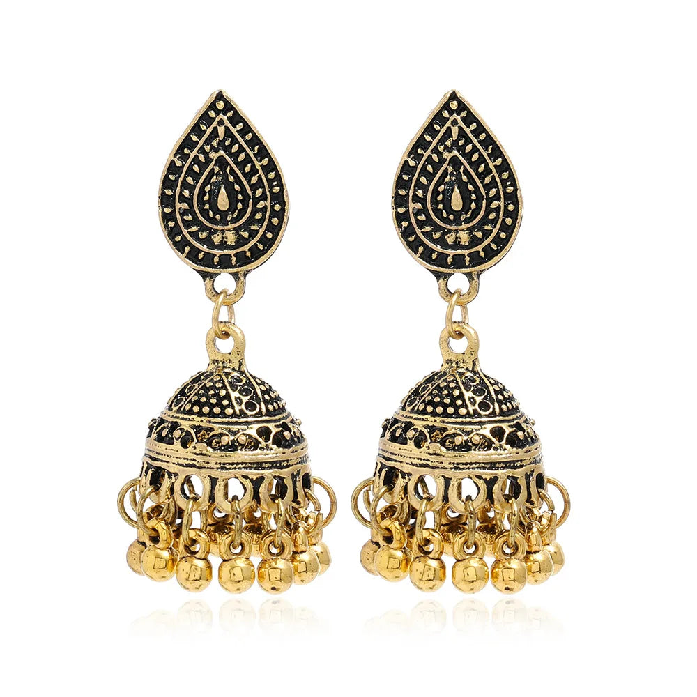 New Fashion Ethnic Style Alloy Retro Carved Beads Tassels Earrings Indian Jhumka Jewelry Women Daily Accessories
