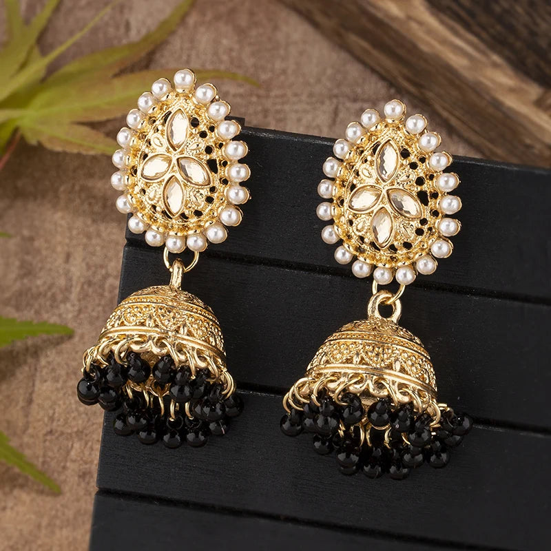 Vintage Waterdrop Design Inlaid Pearl Rhinestone Indian Earrings for Women Ethnic Boho Carved Small Bell Earrings Jhumka Jewelry