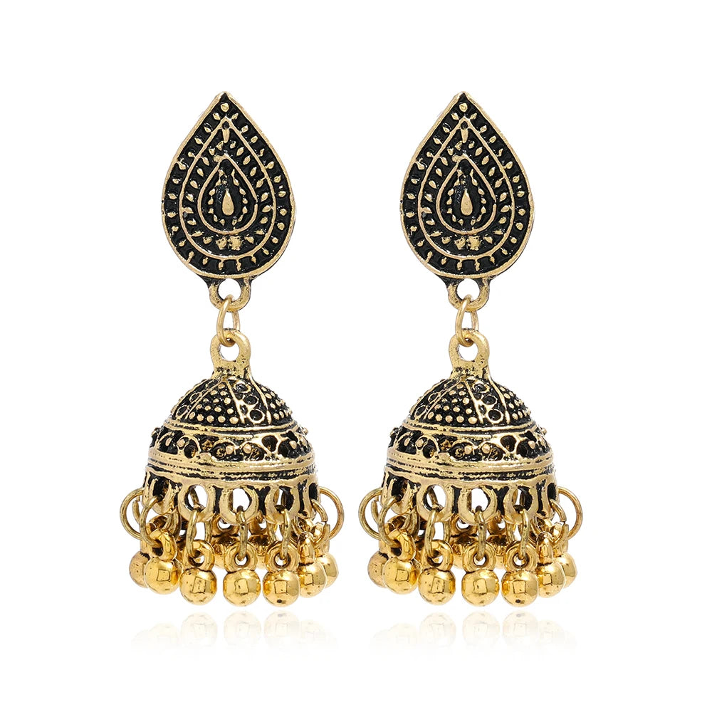Indian Ethnic Style Boho Vintage Antique Alloy Carved Bell Tassels Drop Earrings Jhumki Jewelry For Women Party Accessories