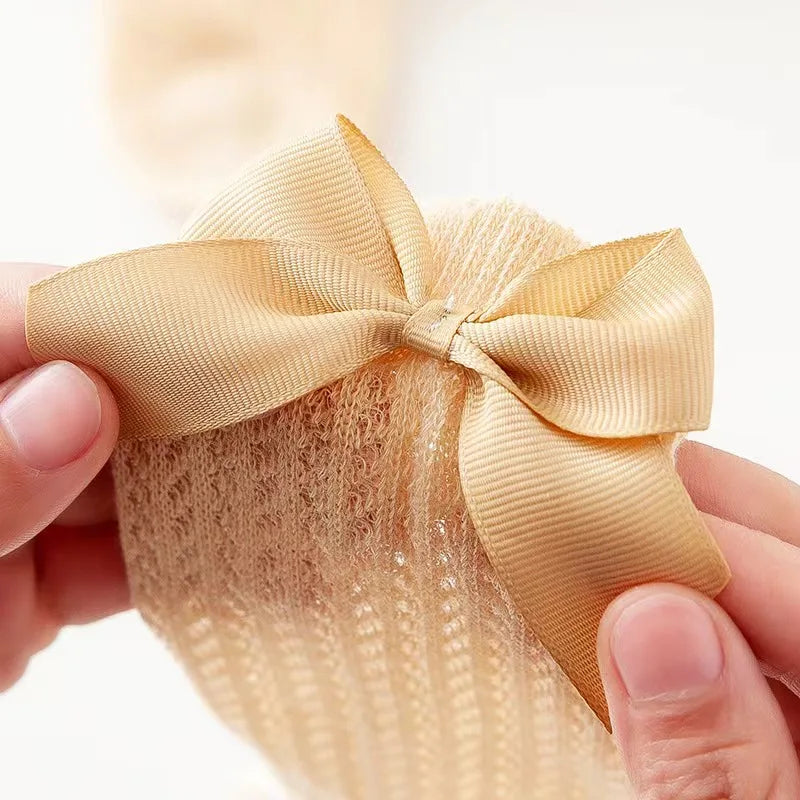 Summer Ultra-thin Mesh Socks Baby Girl Mosquito Resistant Knee Sock Cute Newborn Pink Bow Hollow Cotton Baby Clothes New Born