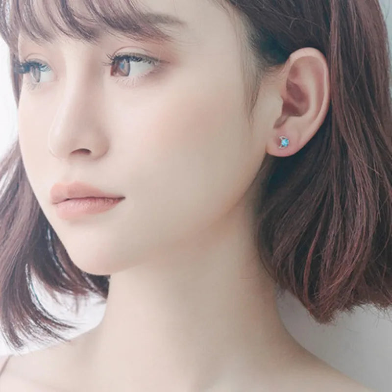 Simple Piercing Stud Earrings for Women Star Moon Zircon 925 Silver Needles Tragus Cartilage Asymmetry Pendiente Plata Jewelry