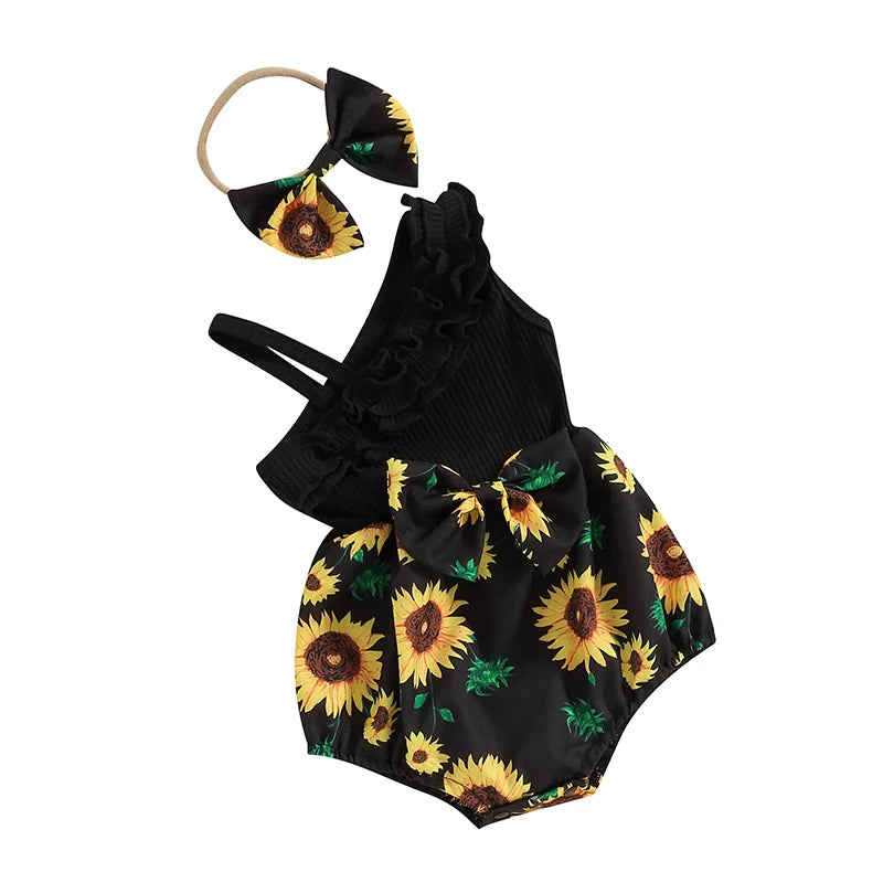 Pudcoco Baby Girl 2 Piece Outfits Sunflower Print Asymmetrical Sleeveless Romper Headband Set Cute Fashion Summer Clothes 0-12M