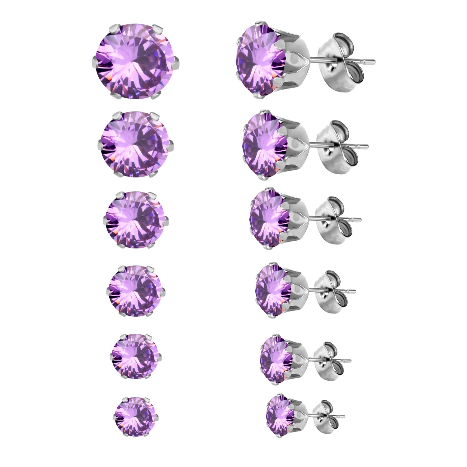 LUXUSTEEL 6Pairs/Set CZ Stud Earrings Stainless Steel Round White Cubic Zirconia Hypoallergenic 6 Claws Earring Trendy Jewelry