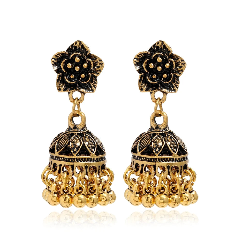 Indian Ethnic Style Boho Vintage Antique Alloy Carved Bell Tassels Drop Earrings Jhumki Jewelry For Women Party Accessories