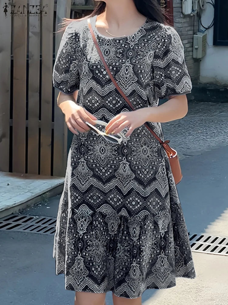 ZANZEA Womens Vintage Ethnic Printing Knee-Length Dresses Summer Casual O-Neck Puff Sleeve Ruffled Hem Robes Vacation Dress