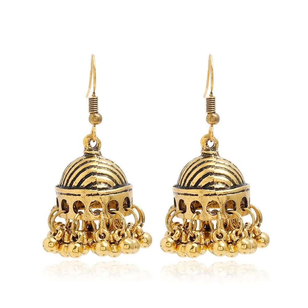 New Fashion Ethnic Style Alloy Retro Carved Beads Tassels Earrings Indian Jhumka Jewelry Women Daily Accessories