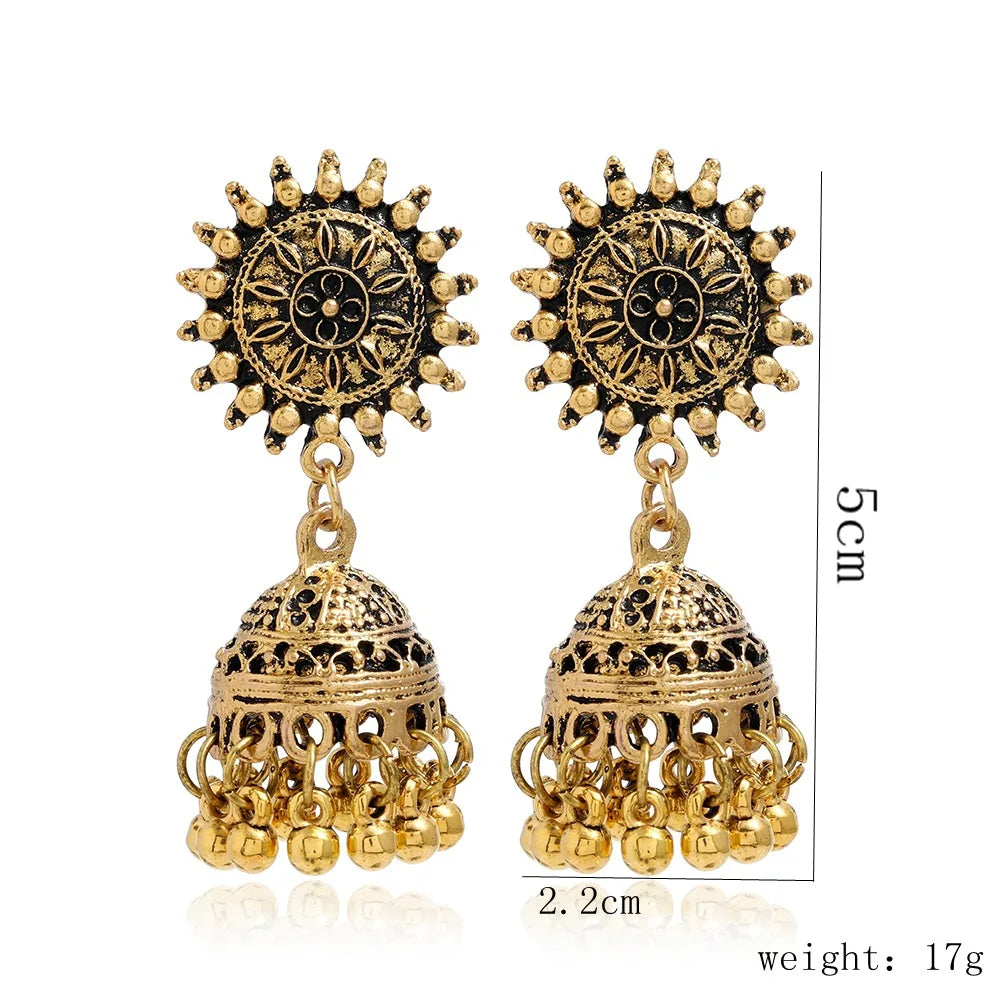 New Fashion Ethnic Style Alloy Retro Carved Beads Tassels Earrings Indian Jhumka Jewelry Women Daily Accessories