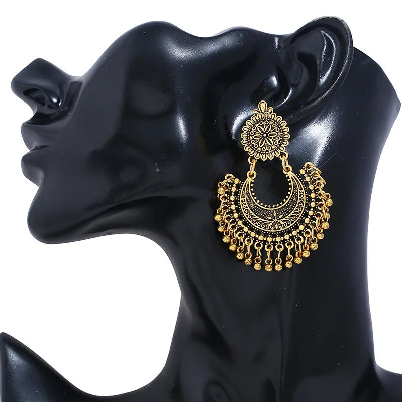 Indian Jhumka Earrings Jewelry Ethnic Retro Antique Silver Color Alloy Carved Beads Tassel Earrings For Women Daily Accessories