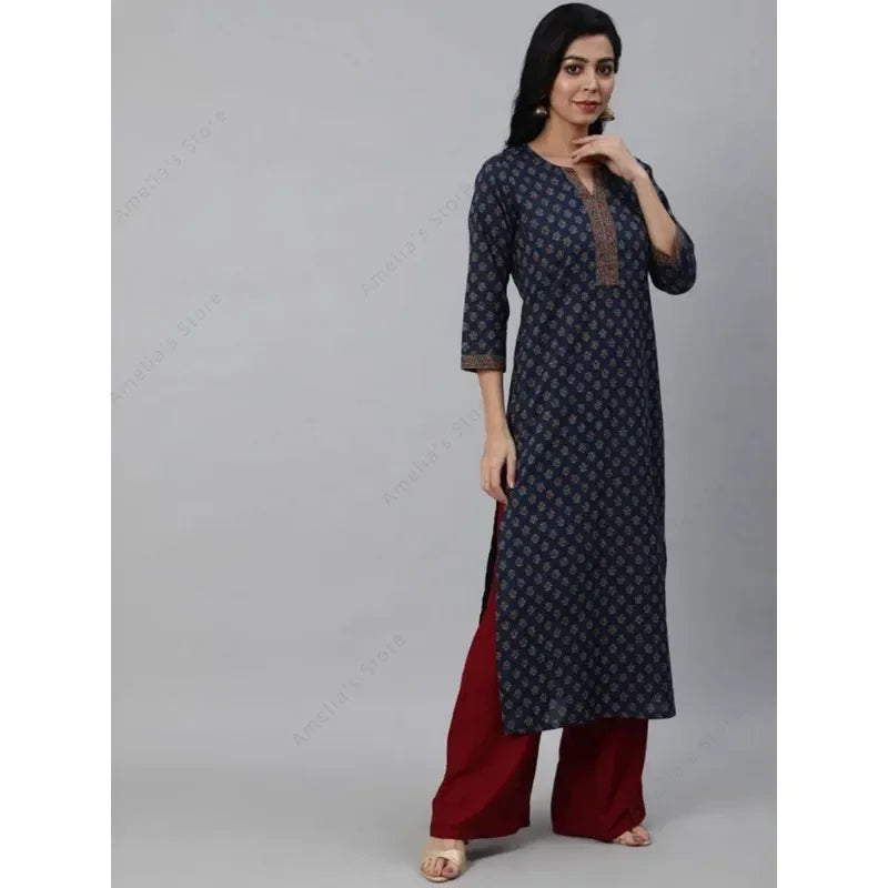Indian Ethnic Women's Printed Kurta Top Lightweight Flannel Cotton with Three-Quarter Sleeves 4 Color Options India Dress