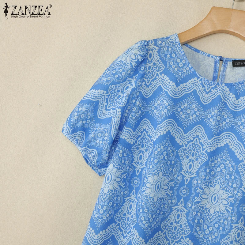 ZANZEA Womens Vintage Ethnic Printing Knee-Length Dresses Summer Casual O-Neck Puff Sleeve Ruffled Hem Robes Vacation Dress