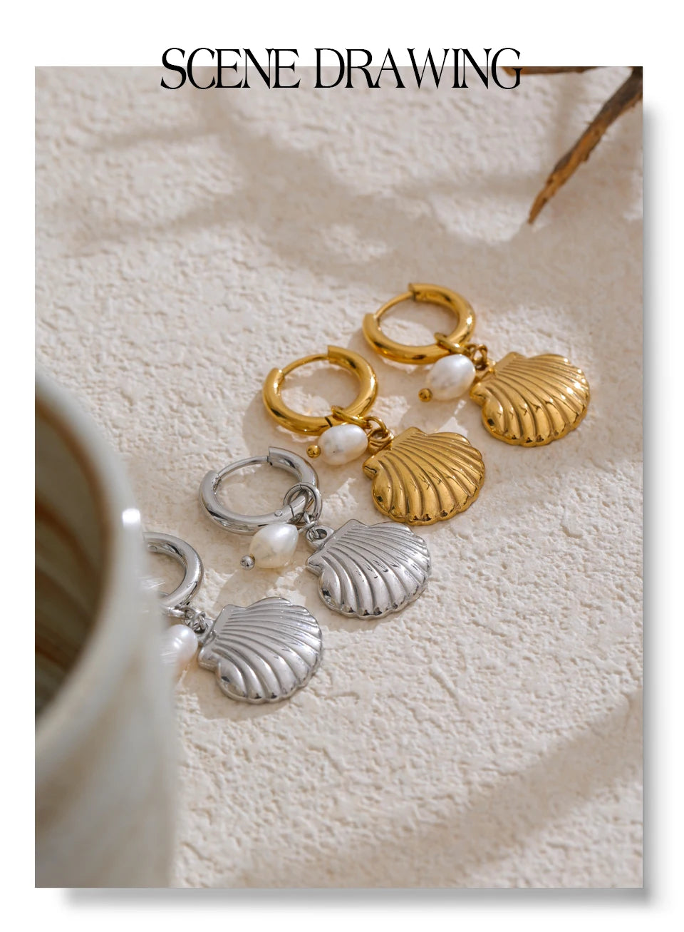 Yhpup Ocean Style Natural Pearl Conch Shell Starfish Drop Summer Hoop Earrings for Women Stainless Steel Holiday Daily Jewelry