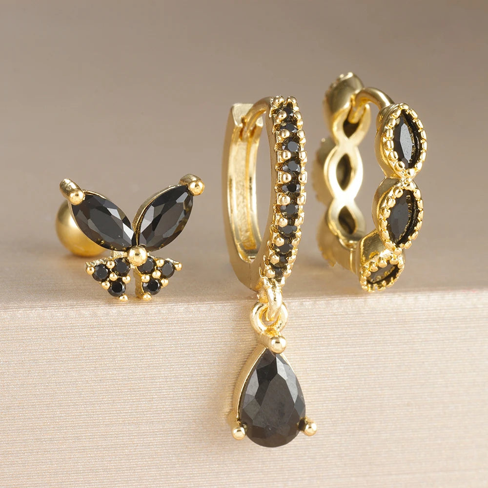 3PCS Fruit Butterfly Earrings Set for Women Girl Luxury Zircon Stainless Steel Cartilage Piercing Hoop Earring Statement Jewelry