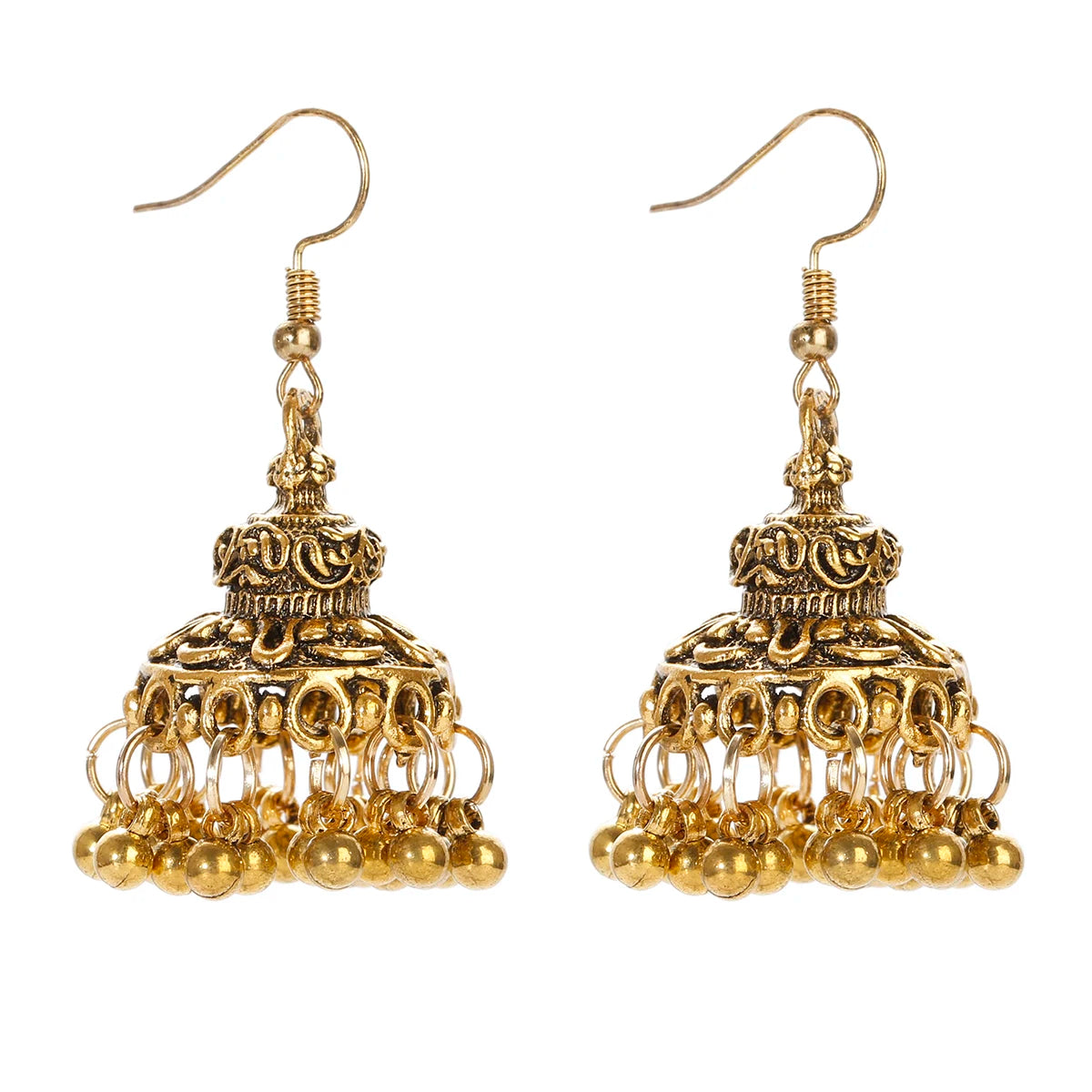 Ethnic Retro Geometric Turkish Jhumka Earrings For Women Indian Jewelry Flower Gold Color Bell Tassel Dangling Earrings