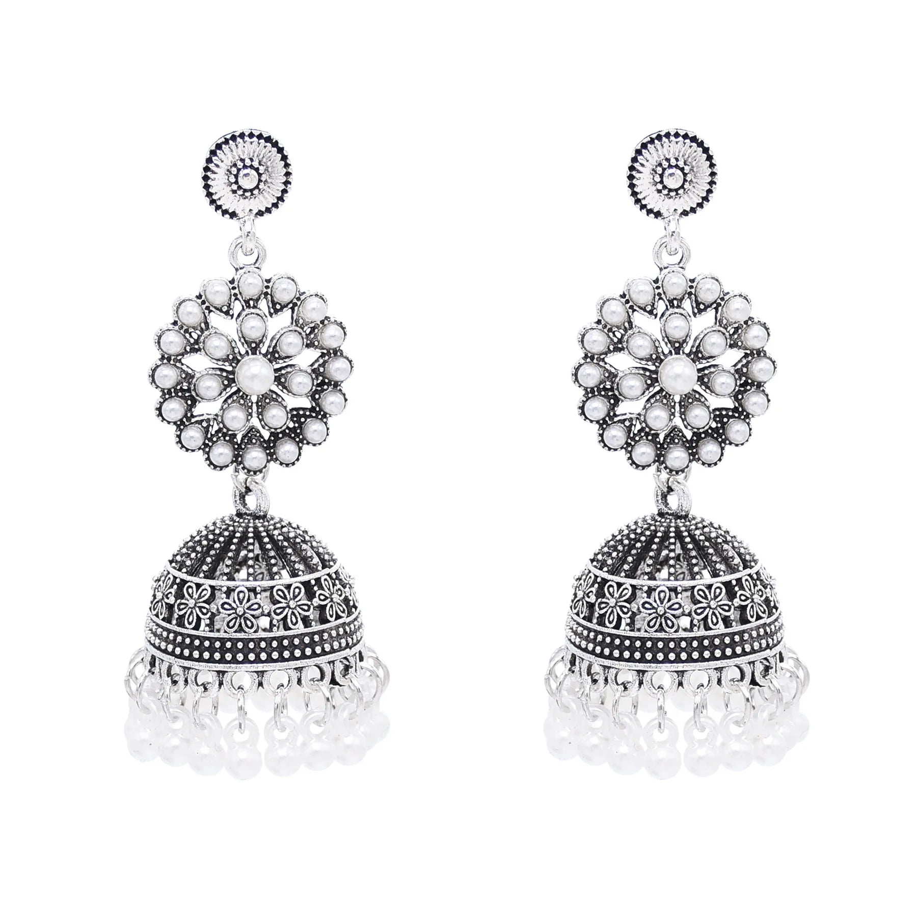 Traditional Indian Jhumka Earrings for Women Vintage Golden Silvery Bell Peacock Pearl Beads Pendant Earrings Turkish Jewelry