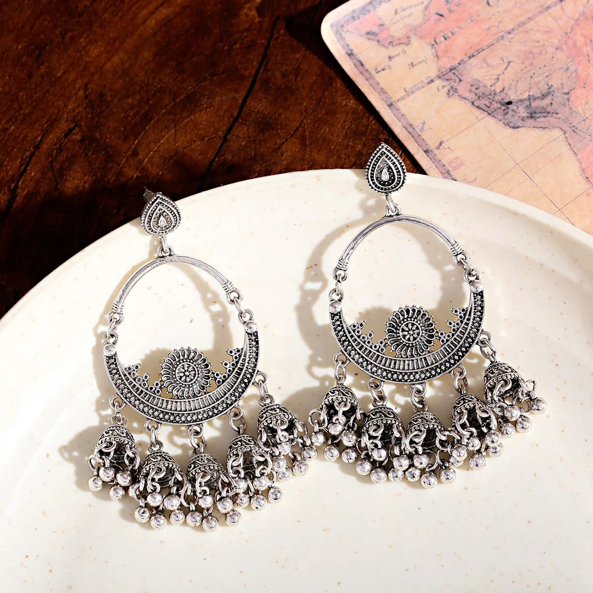 Retro Ethnic Silver Color Turkish Jhumka Earrings For Women Pendientes Pearl Tassel Classic Carved Indian Earrings Jewelry