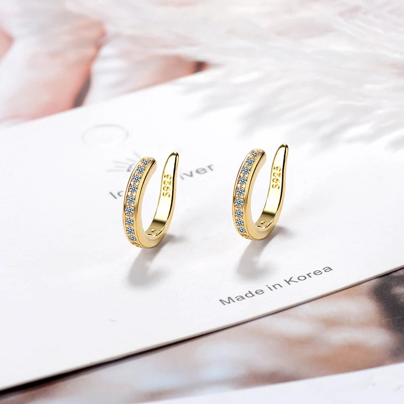 New Fashion Fine Zircon 925 Sterling Silver C Type Clip Earrings Punk Rock Unisexual Rhinestone No Hole Ear Clip Earring Jewelry