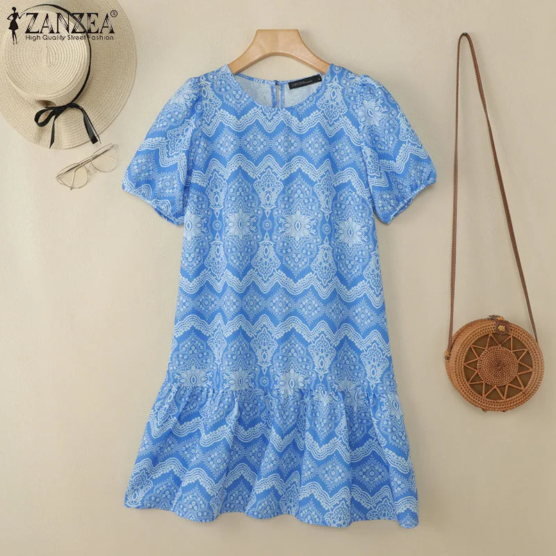 ZANZEA Womens Vintage Ethnic Printing Knee-Length Dresses Summer Casual O-Neck Puff Sleeve Ruffled Hem Robes Vacation Dress