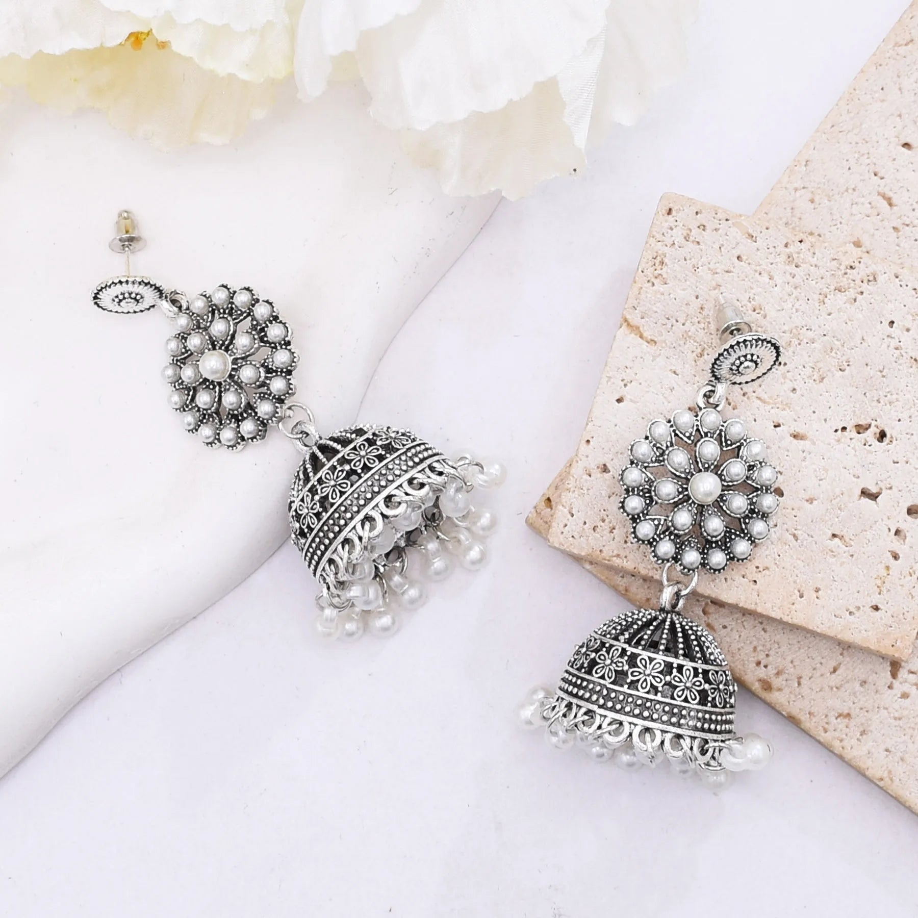 Traditional Indian Jhumka Earrings for Women Vintage Golden Silvery Bell Peacock Pearl Beads Pendant Earrings Turkish Jewelry