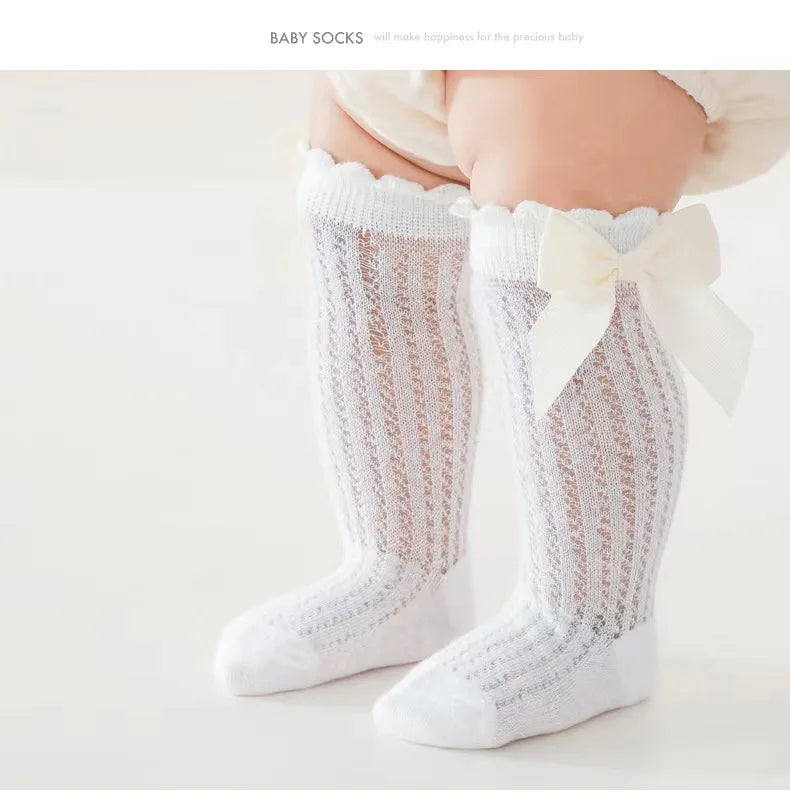 Summer Ultra-thin Mesh Socks Baby Girl Mosquito Resistant Knee Sock Cute Newborn Pink Bow Hollow Cotton Baby Clothes New Born