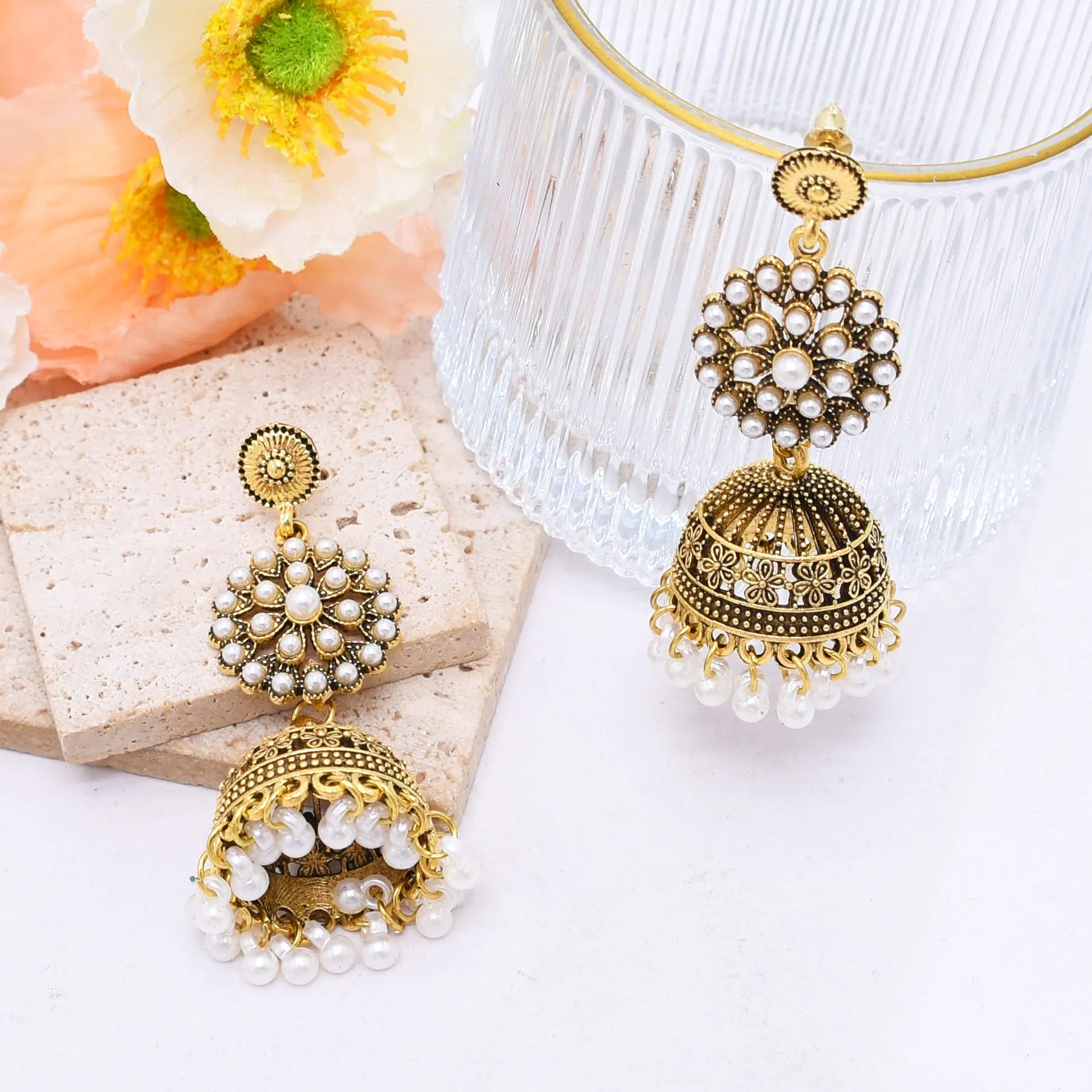 Traditional Indian Jhumka Earrings for Women Vintage Golden Silvery Bell Peacock Pearl Beads Pendant Earrings Turkish Jewelry