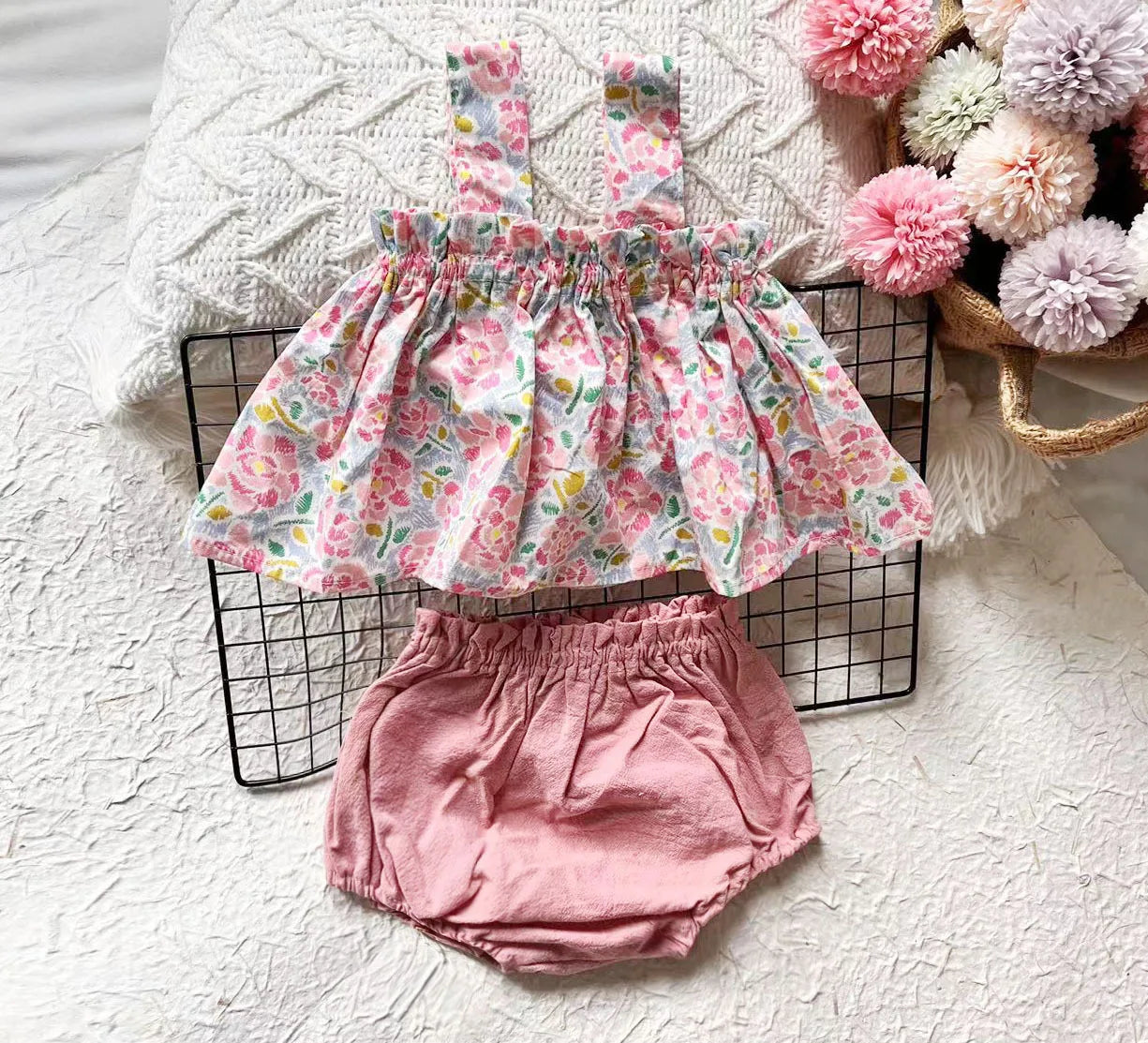 Baby Summer Skirt Set Baby Girl Clothes 0-2 Years Old Infant Plaid Suspender Dress Hat Two-piece Set Baby's Sets