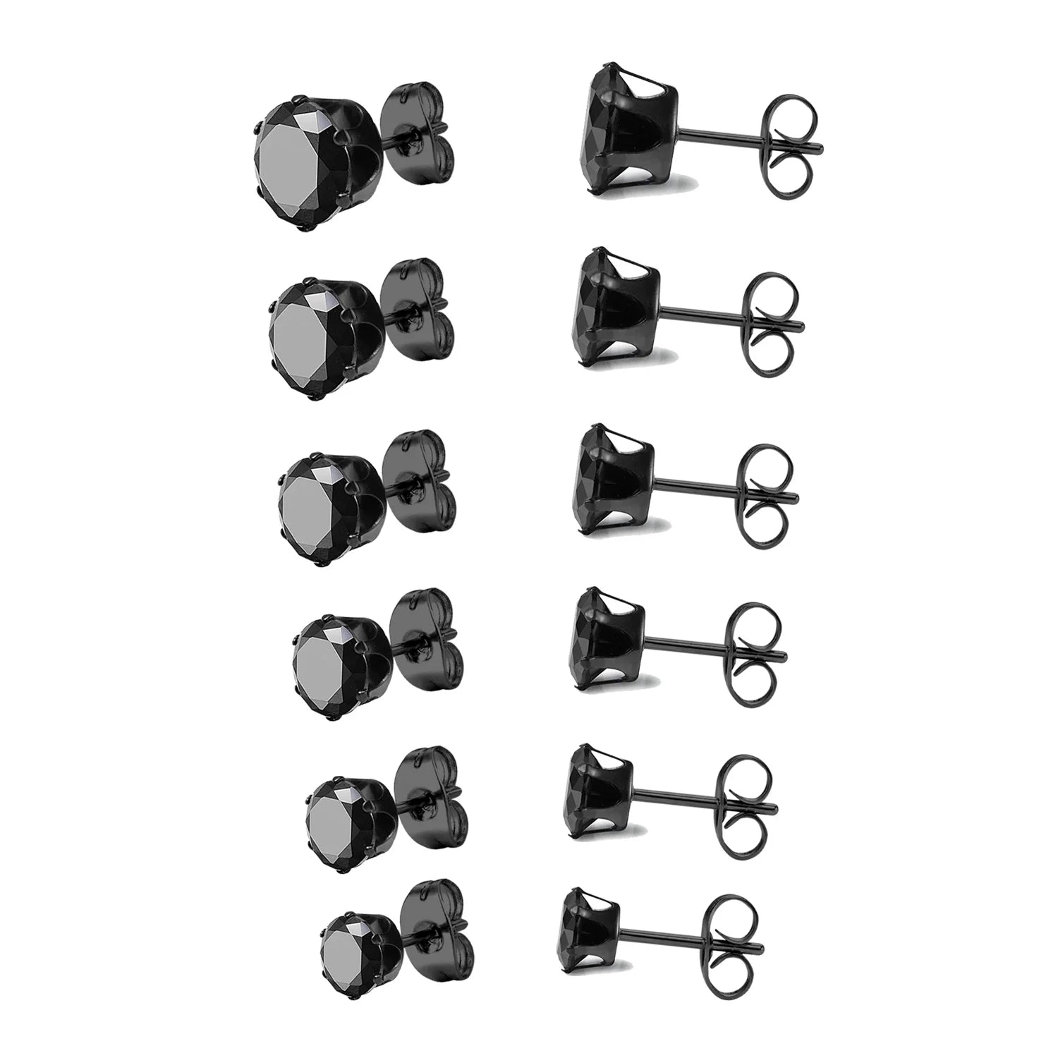 LUXUSTEEL 6Pairs/Set CZ Stud Earrings Stainless Steel Round White Cubic Zirconia Hypoallergenic 6 Claws Earring Trendy Jewelry