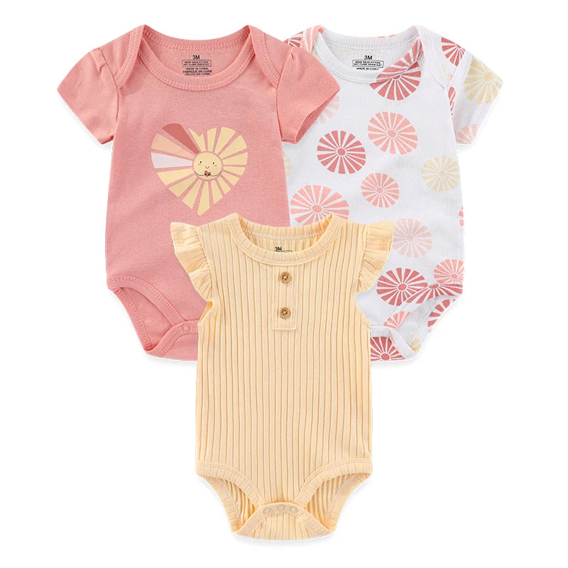 3-Piece Cartoon Cute Baby Girl Onesies Cotton Comfy Newborn Bodysuits Sleeveless/Short Sleeve Infant Spring Summer Clothes