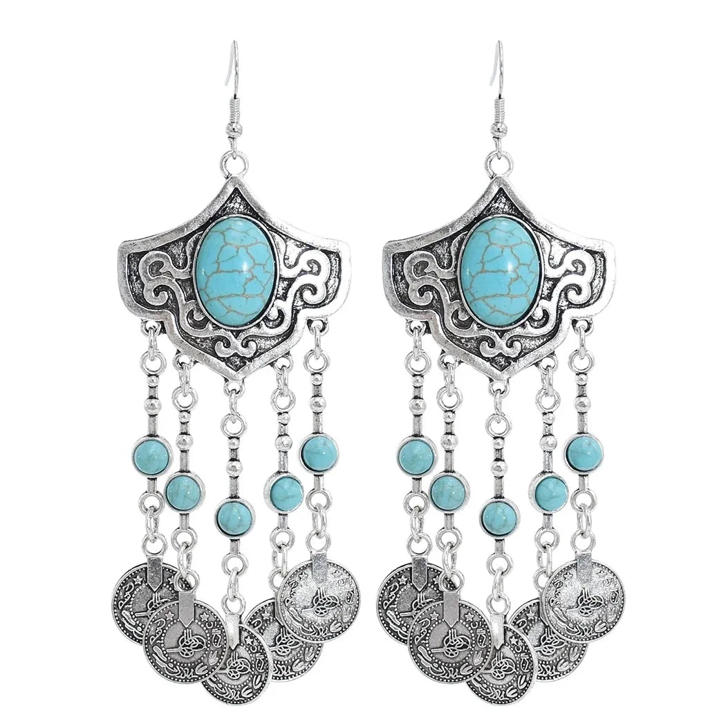 Boho Ethnic Long Coins Tassel Drop Earrings For Women Colorful Turquoise Geometric Carving Fashion Jewelry India Cypay Accessory