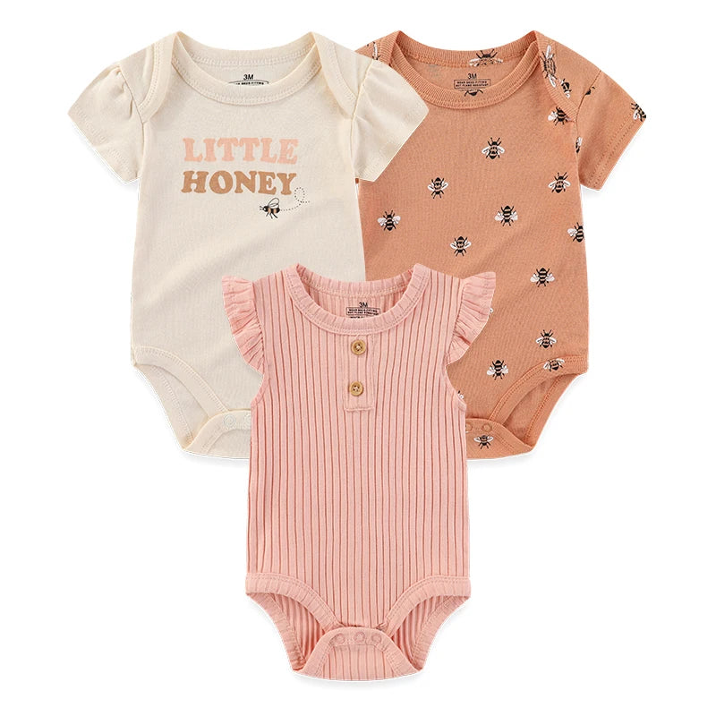 3-Piece Cartoon Cute Baby Girl Onesies Cotton Comfy Newborn Bodysuits Sleeveless/Short Sleeve Infant Spring Summer Clothes