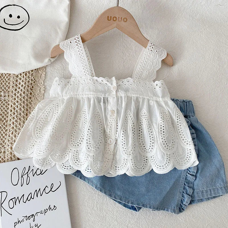 MILANCEL New Summer Kids Clothes Set Girls Cute Hollow Vest Top + Denim Shorts Children Thin Style Outwear 2PCS