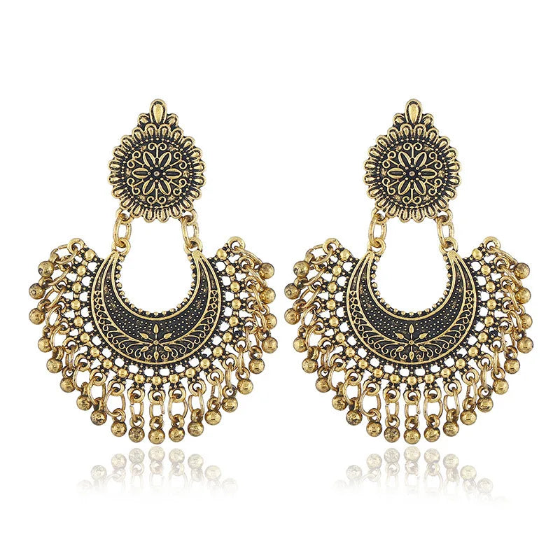 Indian Jhumka Earrings Jewelry Ethnic Retro Antique Silver Color Alloy Carved Beads Tassel Earrings For Women Daily Accessories