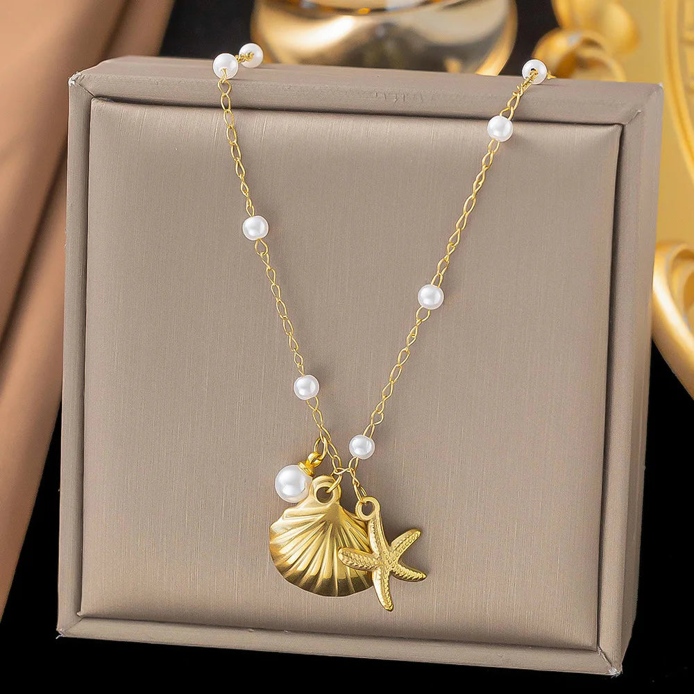2025 Summer Gold Color Stainless Steel Shell Starfish Crab Drop Earrings For Women Beach Ocean Hoop Drop Stud