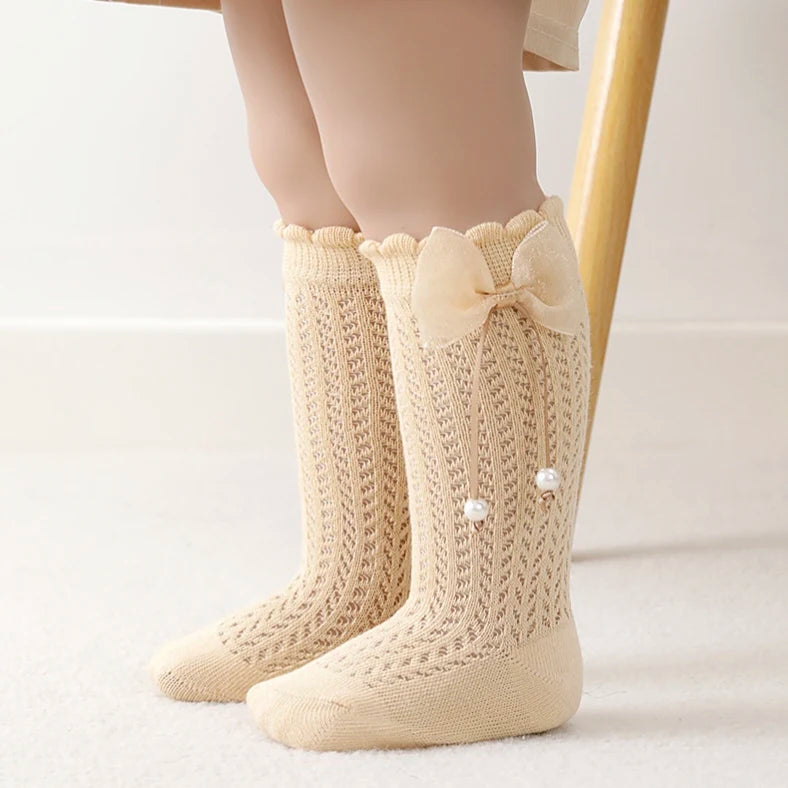 Summer Ultra-thin Mesh Socks Baby Girl Mosquito Resistant Knee Sock Cute Newborn Pink Bow Hollow Cotton Baby Clothes New Born