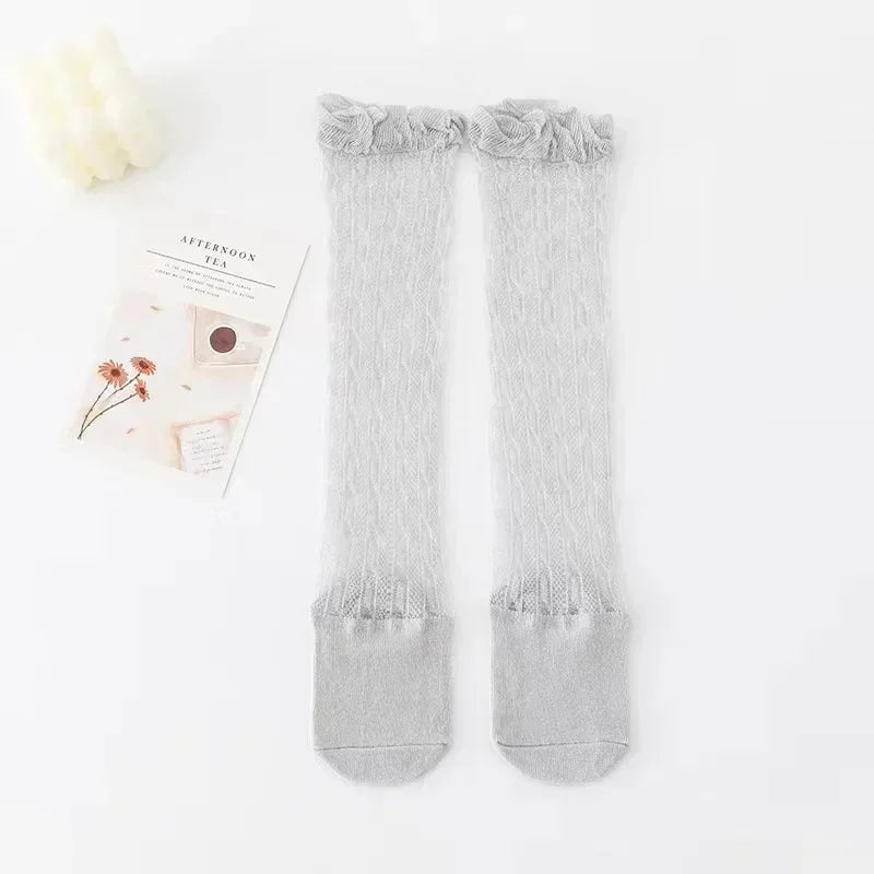 Summer Ultra-thin Mesh Socks Baby Girl Mosquito Resistant Knee Sock Cute Newborn Pink Bow Hollow Cotton Baby Clothes New Born