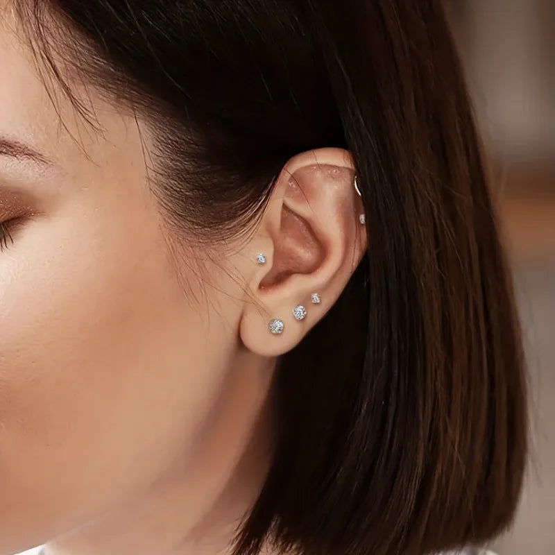 7pcs/Set Stainless Steel Crystal Flat Studs Women Men Bar Screw Back Tragus Round Clear Cubic Zirconia Piercing Earrings Jewelry