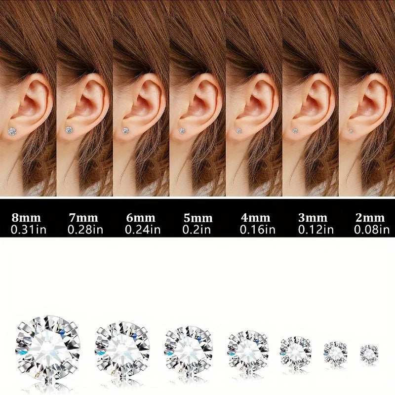7pcs/Set Stainless Steel Crystal Flat Studs Women Men Bar Screw Back Tragus Round Clear Cubic Zirconia Piercing Earrings Jewelry