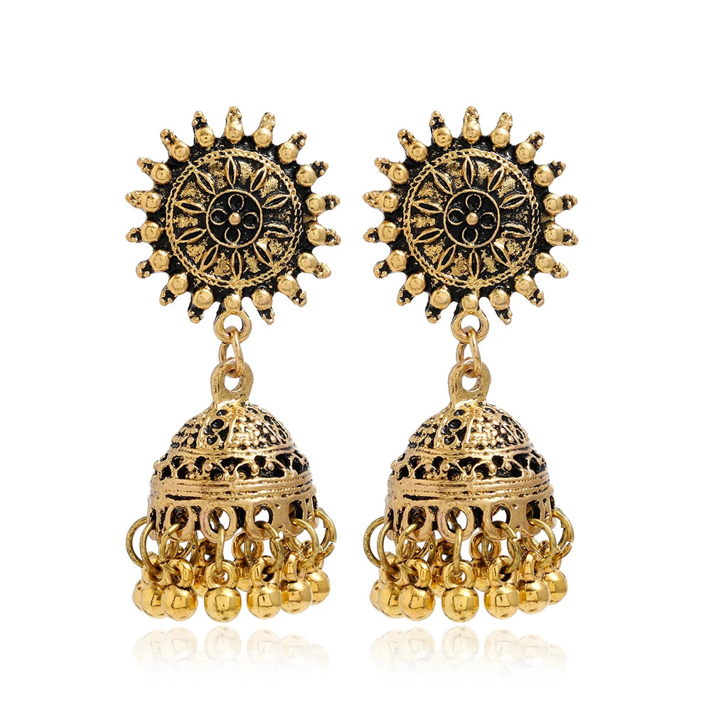 Indian Ethnic Style Boho Vintage Antique Alloy Carved Bell Tassels Drop Earrings Jhumki Jewelry For Women Party Accessories