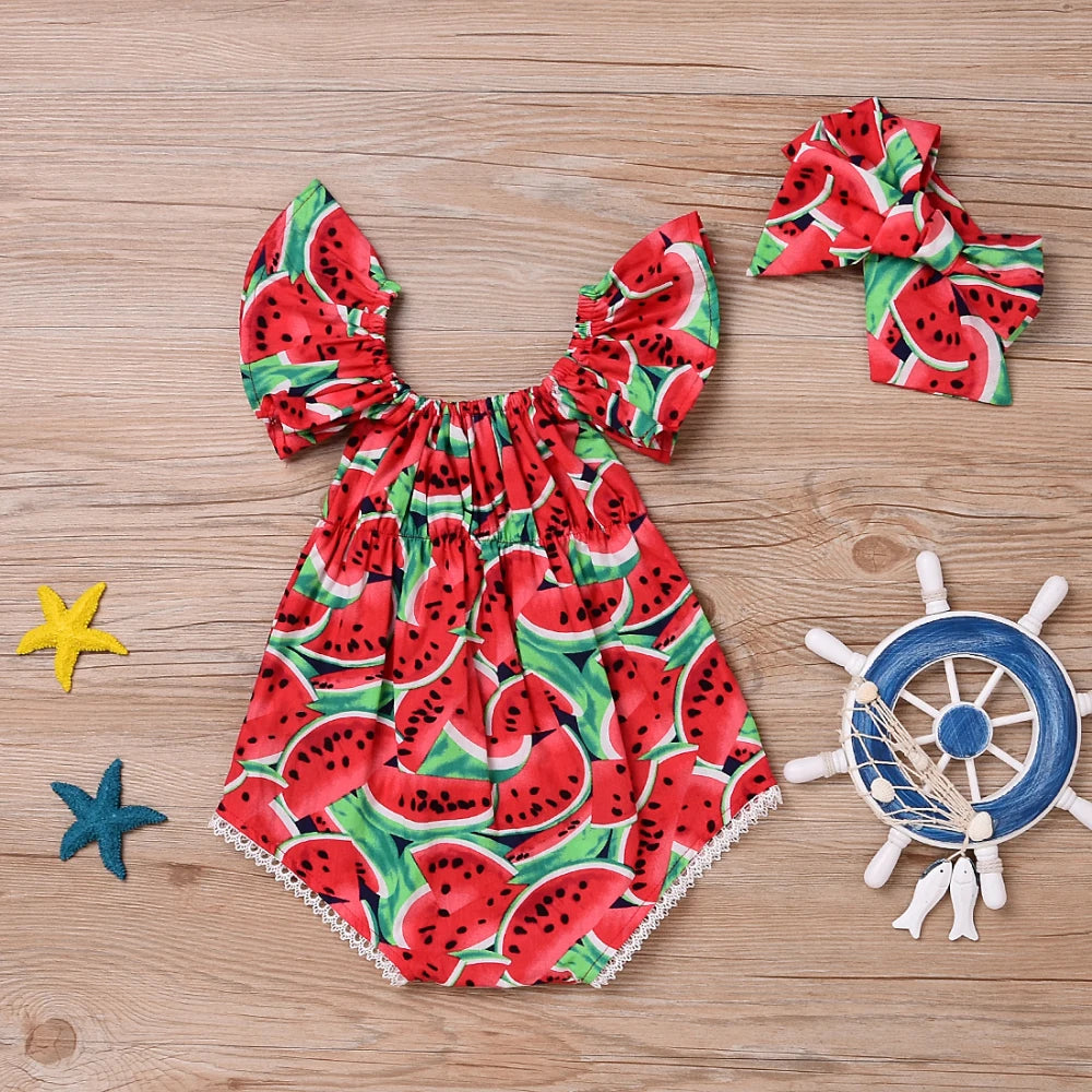 0-36months Newborn Girl Bodysuit Hairband Set Short Sleeve Watermelon Print Playsuits For Baby Girls Summer One_piece Rompers