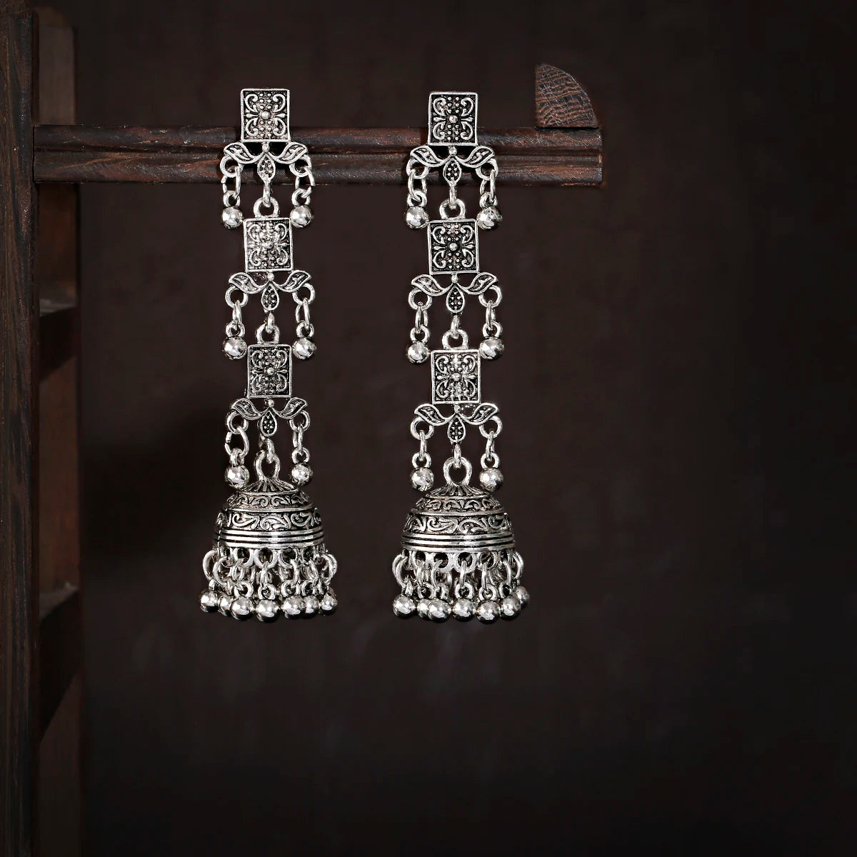 Retro Ethnic Silver Color Turkish Jhumka Earrings For Women Pendientes Pearl Tassel Classic Carved Indian Earrings Jewelry