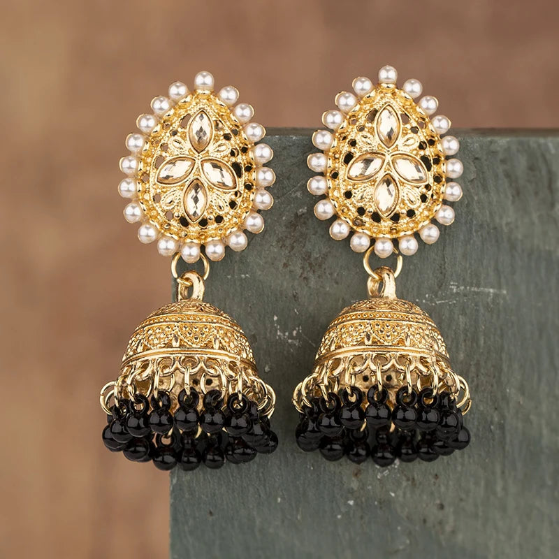 Vintage Waterdrop Design Inlaid Pearl Rhinestone Indian Earrings for Women Ethnic Boho Carved Small Bell Earrings Jhumka Jewelry