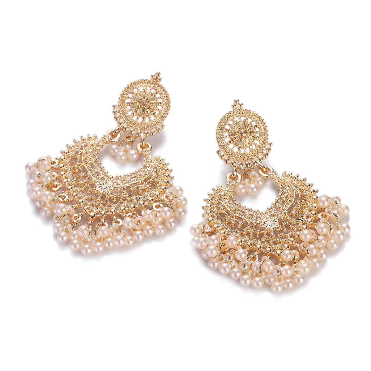 Boho Gold Color Heart Shape Carved Flower Dangle Earrings for Women Indian Jhumka Earrings Retro Pink Beads Tassel Jewelry 2023