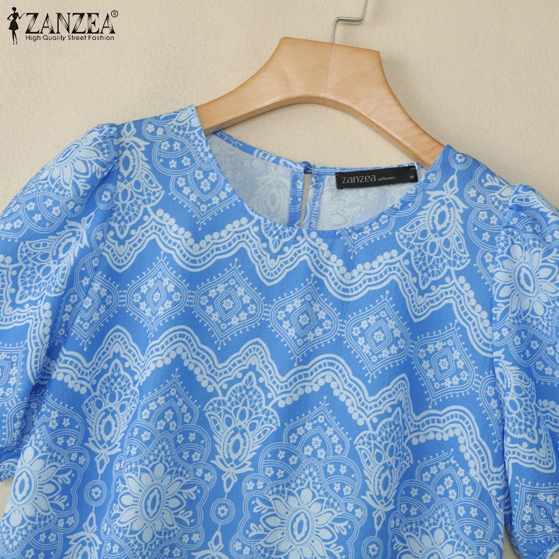ZANZEA Womens Vintage Ethnic Printing Knee-Length Dresses Summer Casual O-Neck Puff Sleeve Ruffled Hem Robes Vacation Dress