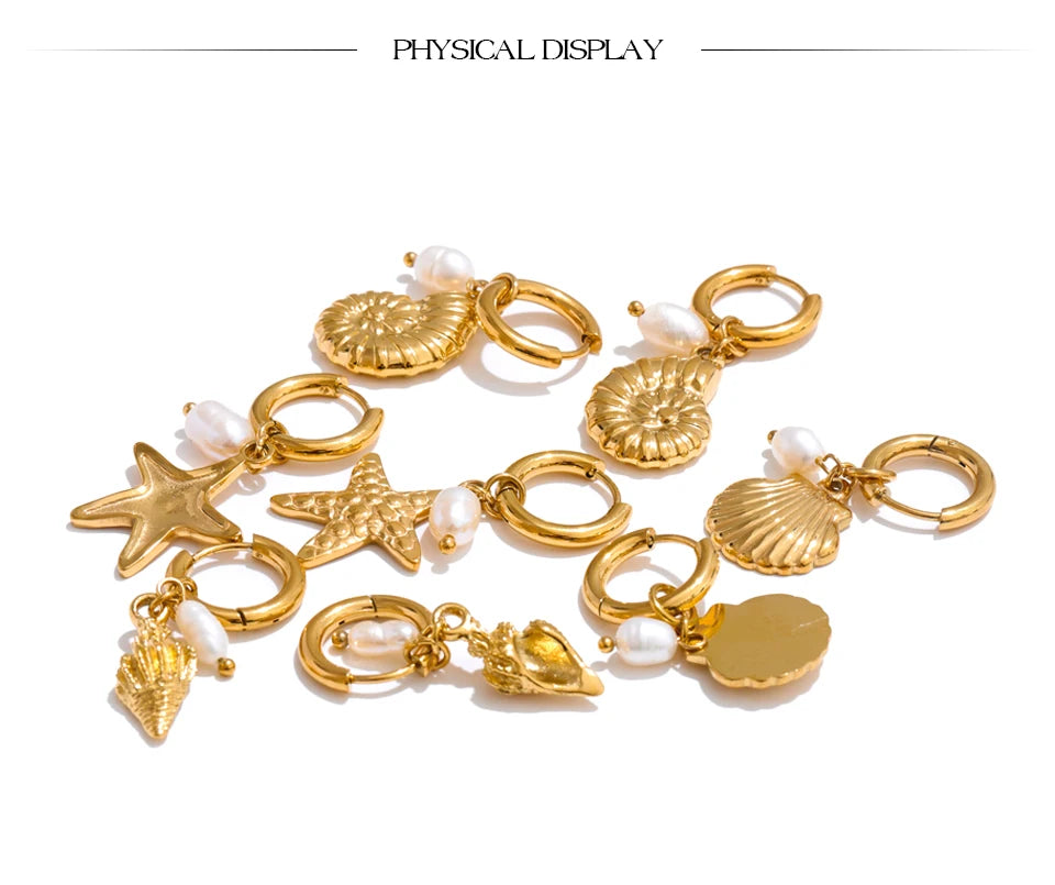 Yhpup Ocean Style Natural Pearl Conch Shell Starfish Drop Summer Hoop Earrings for Women Stainless Steel Holiday Daily Jewelry