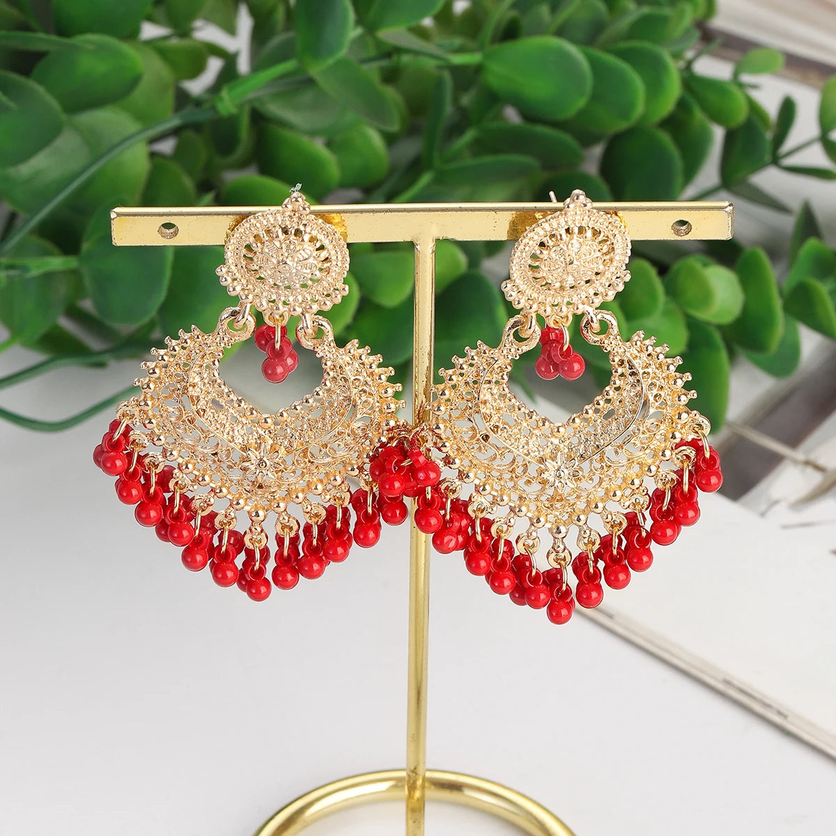 Boho Gold Color Heart Shape Carved Flower Dangle Earrings for Women Indian Jhumka Earrings Retro Pink Beads Tassel Jewelry 2023