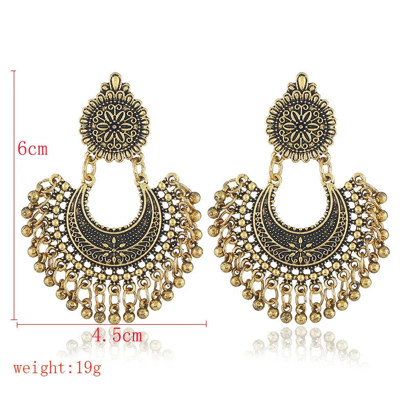 Indian Jhumka Earrings Jewelry Ethnic Retro Antique Silver Color Alloy Carved Beads Tassel Earrings For Women Daily Accessories