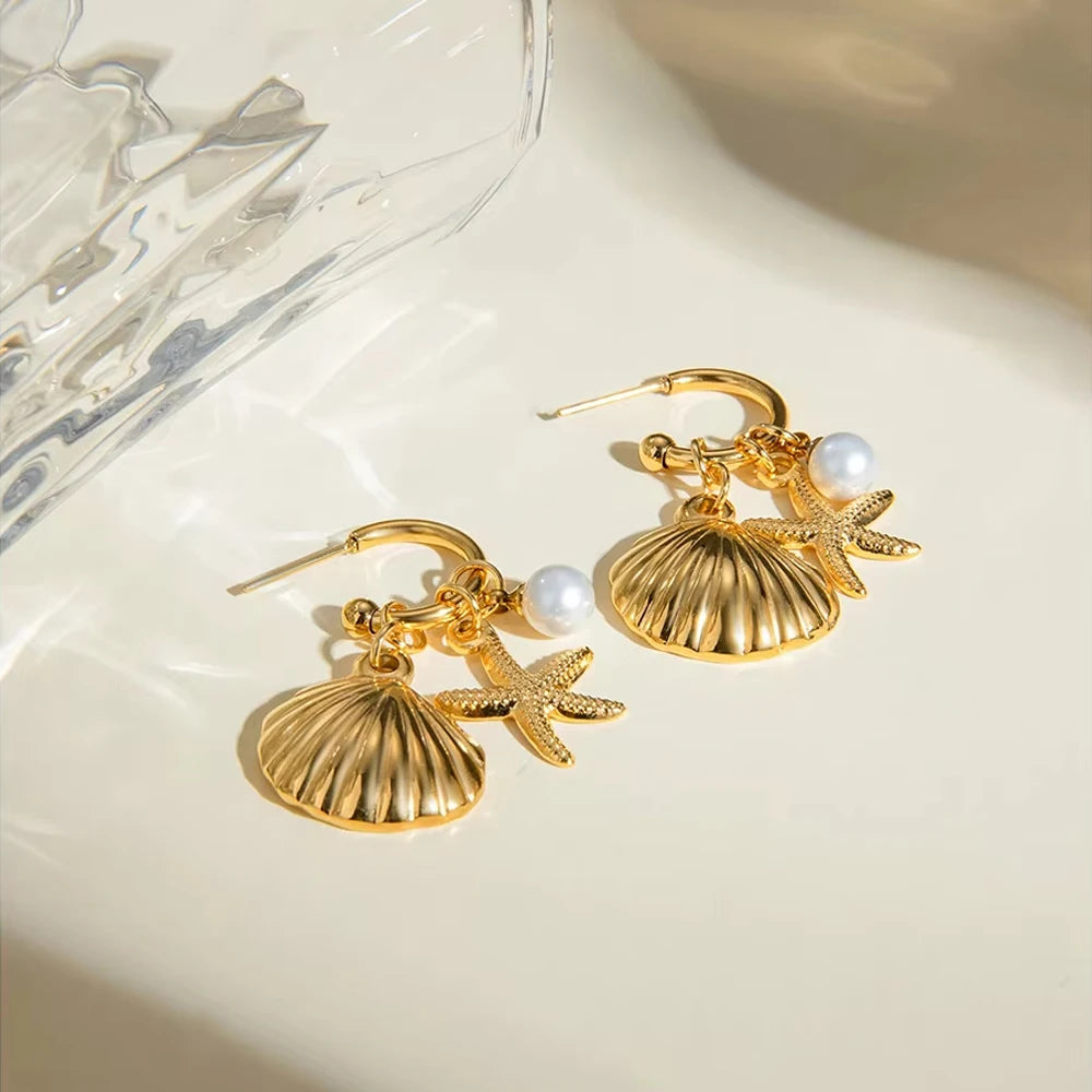 2025 Summer Gold Color Stainless Steel Shell Starfish Crab Drop Earrings For Women Beach Ocean Hoop Drop Stud