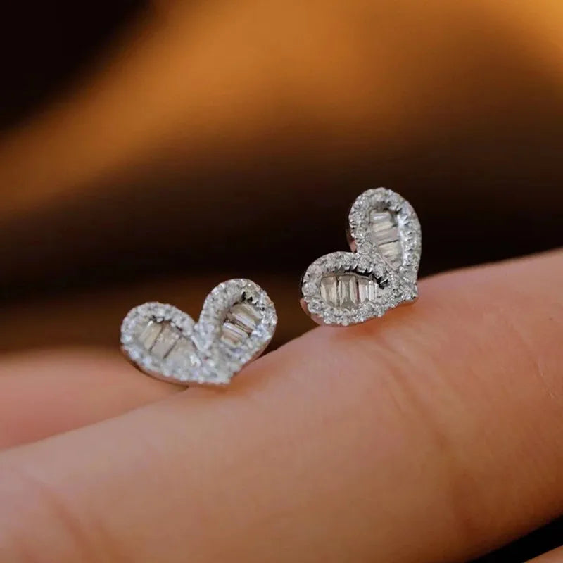 Huitan Exquisite Heart Stud Earrings with Geometric Cubic Zirconia Bling Piercing Accessories for Women Daily Wear Chic Jewelry